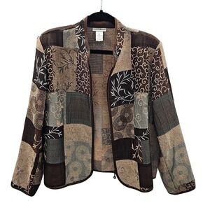 Preswick & Moore Womens XL Tapestry Patchwork Zip Jacket Brown Tan Boho Floral